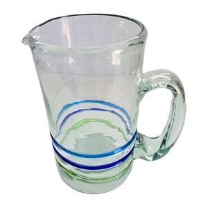 Hand Blown Art Glass Pitcher Blue and Green Aplided Swirls 48 Oz Margaritas